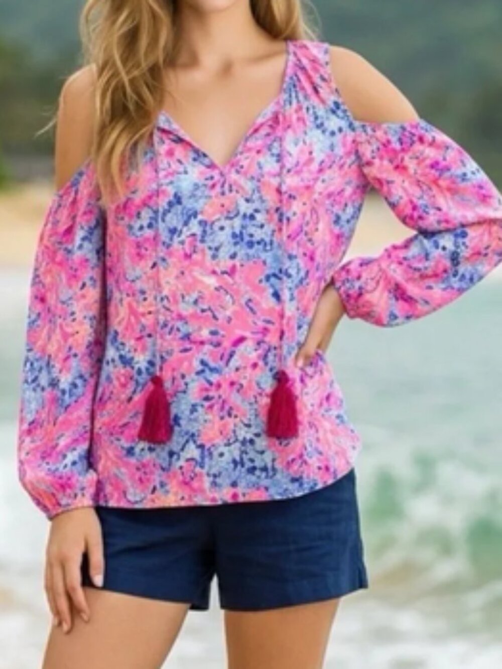 LILLY PULITZER Finch Silk Cold Shoulder Top Blouse Tassels Pink Blue M EXCELLENT